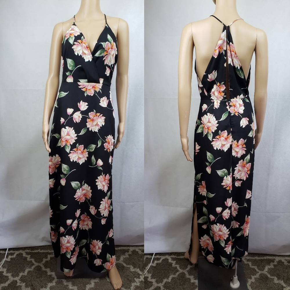 Lush Black Pink Floral Maxi Halter Dress Size S